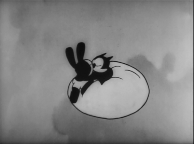 Climax/conclusion: Oswald defeats Pete, frees Ortensia, and then the two of them jump out of the tower after being menaced by a lion, luckily floating down to safety thanks to Ortensia’s parachute-like skirt